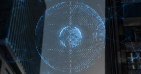 Projecting holographic point-cloud globe with inner sphere and rings in city  Stock Photos