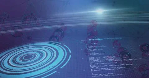 Projecting holographic ring interface on left in cyberspace with network Illustrazione stock