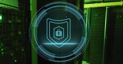 Projecting holographic security shield with padlock, protecting server racks in Stock Photos