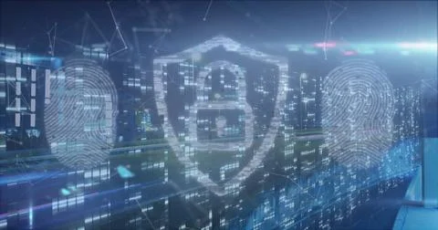 Projecting holographic shield icon floating in office, with fingerprint icons Illustrazione stock