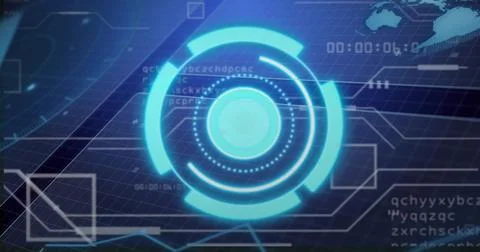 Projecting holographic UI element in console with grid plane, scrolling code and Illustrazione stock