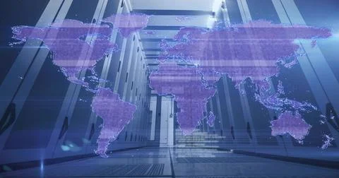 Projecting holographic world map in data center with server racks, floor grates Stockfoto's