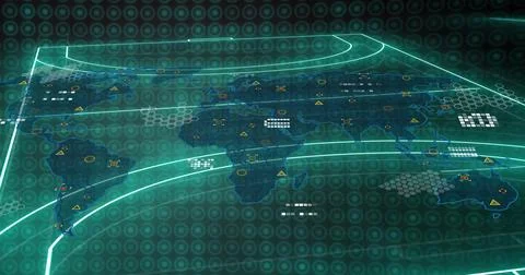 Projecting holographic world map in digital console, with yellow triangle icons Stock Illustration