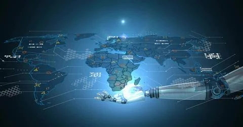 Projecting holographic world map in high-tech lab, showing robotic arm and UI Stockillustratie