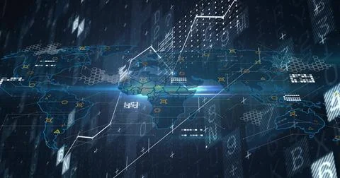 Projecting holographic world map highlighting green land in data interface, with 스톡 일러스트