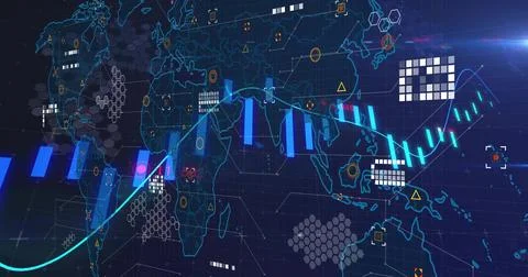 Projecting holographic world map over navy grid, showing cyan line graph, bar Ilustração Stock