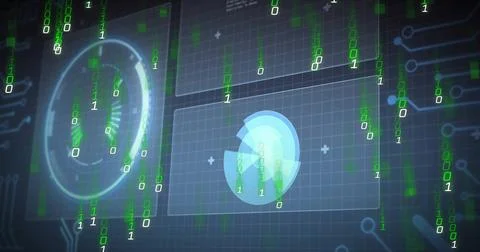 Projecting HUD element floating in control interface, with binary code streams, Illustrazione stock