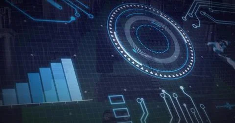 Projecting HUD interface on control panel, with bar chart, circular gauge, Stock Photos