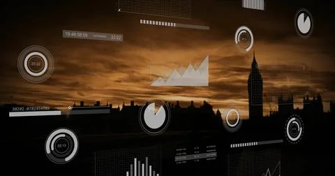 Projecting interface overlays over city skyline at dusk, with numeric panels and Stockfoto's