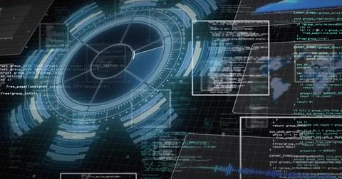 Projecting interface showing circular HUD over grid with code windows and world Stock Illustration