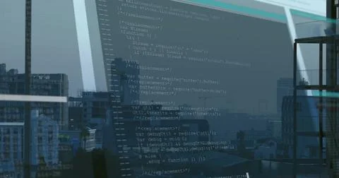 Projecting JavaScript code onto glass window in office with metal-framed shel Stock Photos