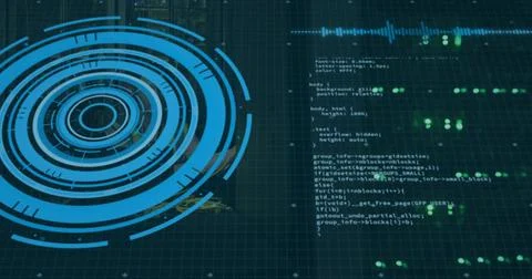 Projecting large blue concentric HUD on left of hologram grid console, with code イラスト素材