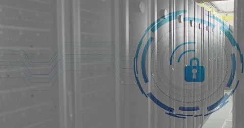 Projecting large blue security HUD with padlock over metal server racks in data Foto stock