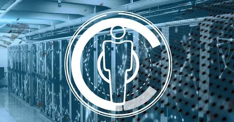 Projecting large circular emblem with human figure over data center corridor Stock Photos