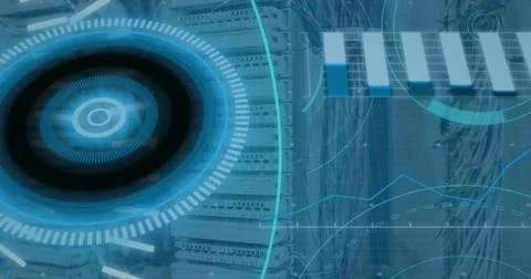 Projecting large circular HUD hovering in data center, showing server racks and Stock Photos