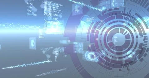 Projecting large circular HUD on right in holographic workspace, with floating Stock Illustration