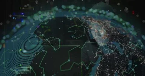Projecting large digital globe dominating demo stage, man in dark suit watching Stock Photos