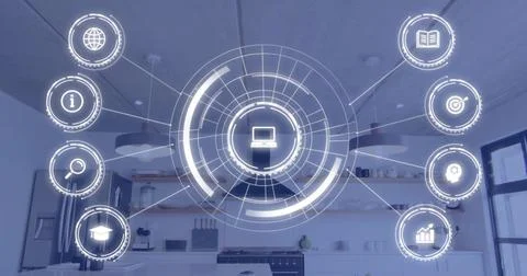 Projecting large holographic circular interface over modern kitchen stove, Stock Photos