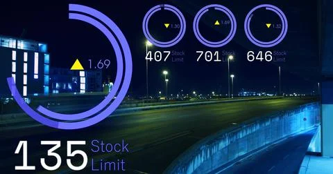 Projecting large purple HUD overlay showing 135 Stock Limit on left night Ilustración de archivo