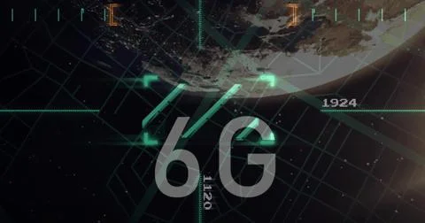 Projecting large translucent 6G element in space HUD, showing neon teal grid, Ilustración de archivo