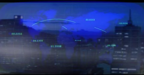 Projecting map grid with data markers and glowing arcs over rooftop at night, Ilustração Stock