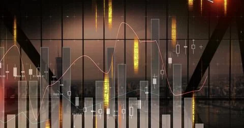 Projecting market data over high-rise window at dusk, with glowing candlesticks Foto stock