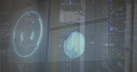 Projecting metal server cabinet with mesh showing holographic UI in data center, Stock Photos
