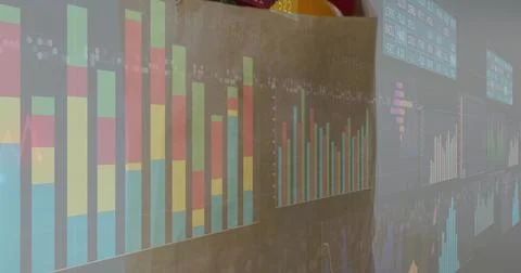Projecting multi-panel data visuals wall showing analytics in meeting room, with Ilustración de archivo