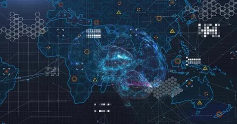 Projecting neon-blue brain network in UI with world map, hex clusters, icons, Illustrazione stock