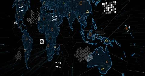 Projecting neon-blue world map in holographic display, showing hexagonal cells Stock Illustration