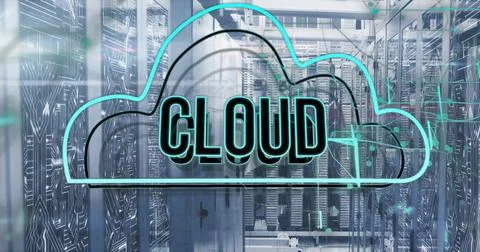 Projecting neon cloud graphic showing CLOUD in data center, with server racks Stock Photos