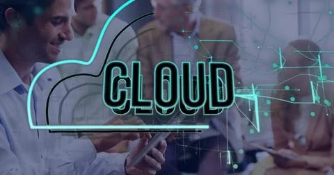 Projecting neon CLOUD wordmark over meeting room, colleagues in business casual Stock Photos
