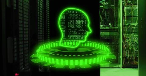 Projecting neon green binary hologram head floating above ring in datacenter Stock Illustration