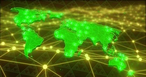 Projecting neon-green world map over tessellated grid plane, showing gold lines, Stockillustratie
