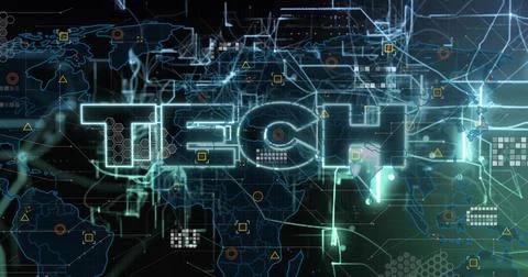 Projecting neon TECH text centering over digital map at interface, showing Stock Illustration