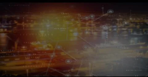 Projecting network overlay over harbor at night, showing binary streams, glowing イラスト素材