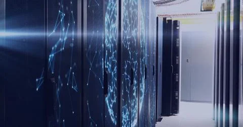 Projecting network patterns on central server cabinets in corridor, with Stock Photos