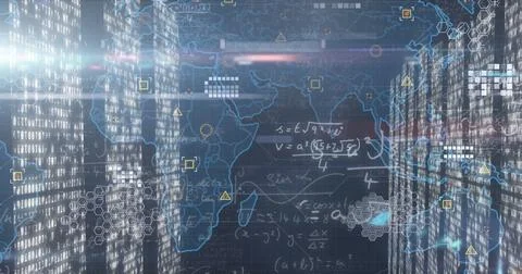 Projecting network visualization over server racks in server room, with binary Stock Photos