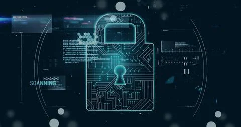 Projecting padlock icon scanning security interface with circuit honeycomb, Stockfoto's