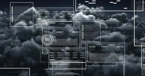 Projecting panels over dark clouds: wireframe UI, code blocks, keyboard icon and Stock Photos