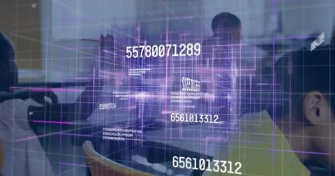 Projecting purple data overlay over computer lab monitors, with student in Stock-Fotos