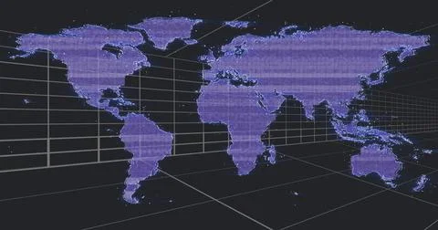 Projecting purple dotted world map, floating in 3D grid, showing scanlines and 스톡 일러스트
