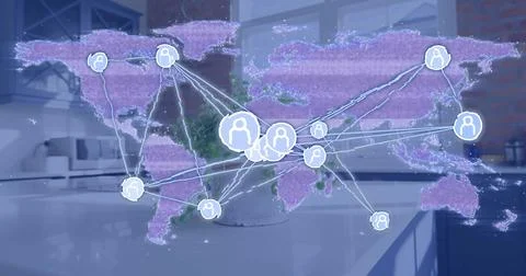 Projecting purple map overlay over glossy counter showing white nodes, glowing Foto stock