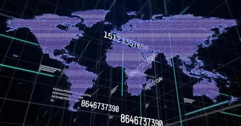 Projecting purple pixel world map on dark grid plane, streaming green grid lines Illustrazione stock