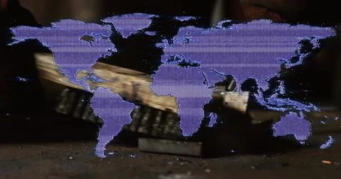 Projecting purple world map overlay glitching over workshop floor, with wooden Ilustração Stock