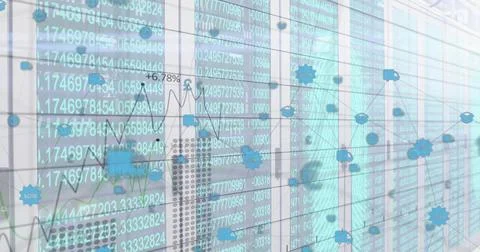 Projecting rack servers behind glass in data center with cyan tickers, graphs, Stock Illustration