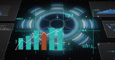 Projecting radial interface at virtual dashboard, displaying tiled bar chart and Stock Illustration