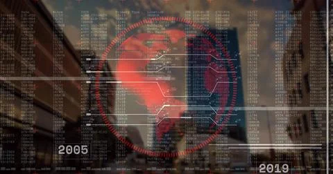 Projecting red globe interface over street with towers, data overlays, nodes and Foto stock