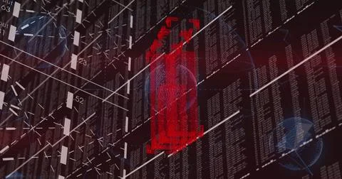 Projecting red hologram figurine hovering in digital dashboard, with code 스톡 일러스트