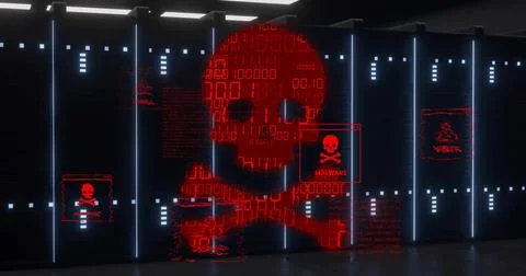 Projecting red skull graphic glowing over central server racks in data center, Illustrazione stock